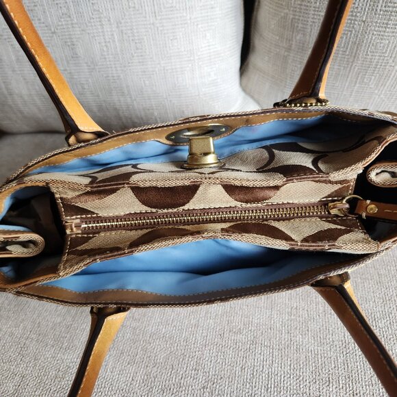 COACH Madeline top handle shoulder satchel khaki signature C and camel leather - Picture 11 of 15